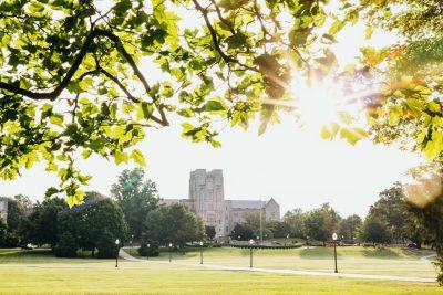 Burruss Hall viewed framed by leaves from across the Drillfield on a sunny summer day